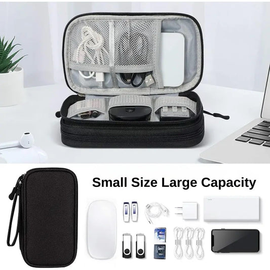 Electronics Accessories Travel Bag With 5 Reusable Cable Ties, Double Layers And Water Proof For Power Bank/Hard Disk/Earphone/Earbuds/Adaptors/Cables/USB/Mouse/Phones/Passport. (Black)
