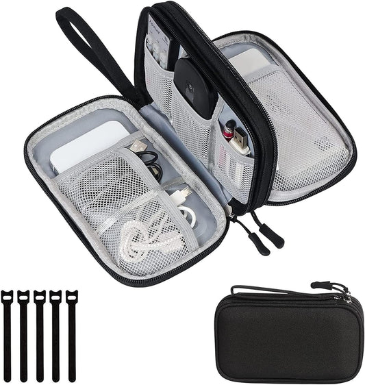 Electronics Accessories Travel Bag With 5 Reusable Cable Ties, Double Layers And Water Proof For Power Bank/Hard Disk/Earphone/Earbuds/Adaptors/Cables/USB/Mouse/Phones/Passport. (Black)